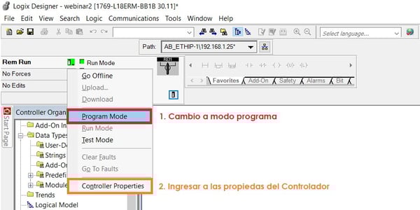 Cambio a modo programa, ingresar a las propiedades del controlador