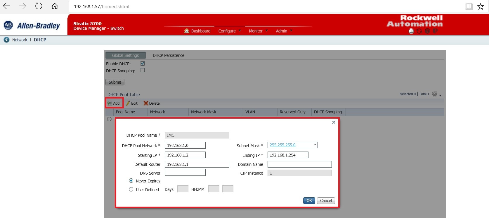 Interfaz para configurar el DHCP en el Device Manager