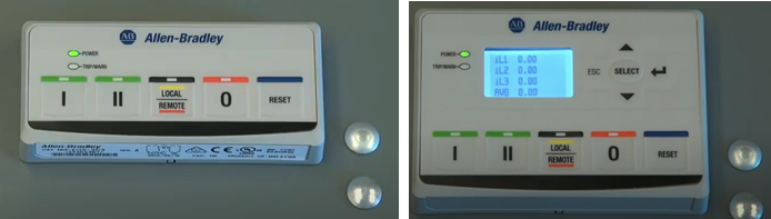 Estación de control (izquierdo) y estación de diagnóstico (derecho) disponible para unidades tipo arranque directo con relé electrónico E300 en unidades de CCM.